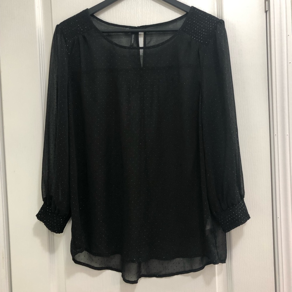 Womens L Black Sheer Swiss Dot Long Puff Sleeves Top Whimsigoth Witchy See Thru